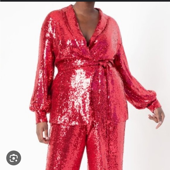 Sequin tie waist jacket and wide leg pants - Picture 2 of 6